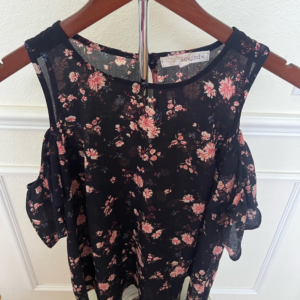 Rewind Black and Pink Ruffled Cut Out Blouse